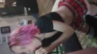 Tiny innocent schoolgirl with braces & pink hair wearing a tiny skirt gets fucked and gets a facial
