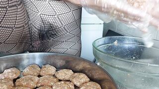 Hairy brunette pussy, big tits, sensual hairy woman in the kitchen. Sexy stepmom, hairy pussy, big a