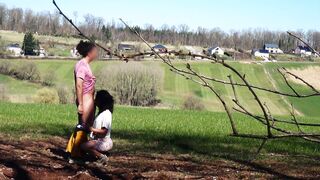 Farmer’s sister gets fucked by a hiker in a field… blowjob, doggy, and cum on her ass