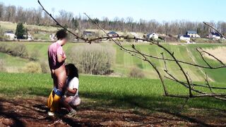 Farmer’s sister gets fucked by a hiker in a field… blowjob, doggy, and cum on her ass