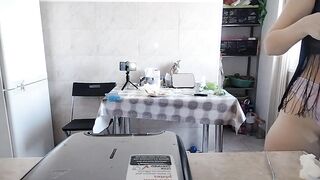 Hairy brunette pussy, big tits, sensual hairy woman in kitchen.