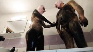 Amateur couple taking bath, hairy pussy wife, big ass, big tits.