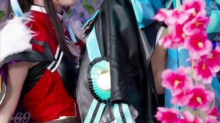 Geishin characters fuck each other with big dildos and cum from it 4k