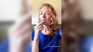 Redhead gives seductive look, finger fellatio, panties up between my plump labia, then pussy reveal