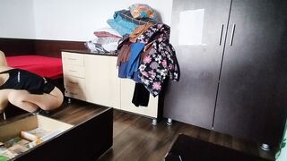 Sexy wife, hairy pussy, big ass, vacuum cleaner in empty house.
