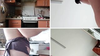 Amateur wife prepares breakfast naked, hairy pussy, big tits.
