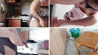 Amateur wife prepares breakfast naked, hairy pussy, big tits.