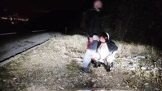 nun cosplay on leash receives hot cum on face on public road