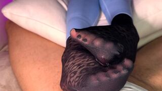 Nylon Footjob in leopard nylon socks
