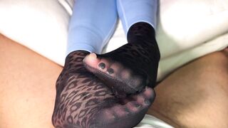 Nylon Footjob in leopard nylon socks