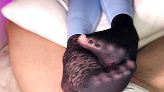 Nylon Footjob in leopard nylon socks