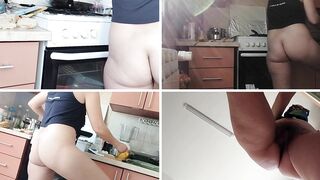 Sexy naked wife prepares food in the kitchen. Brunette's hairy pussy, big ass, big tits.