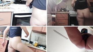 Sexy naked wife prepares food in the kitchen. Brunette's hairy pussy, big ass, big tits.