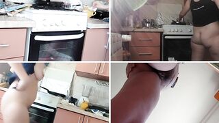 Sexy naked wife prepares food in the kitchen. Brunette's hairy pussy, big ass, big tits.