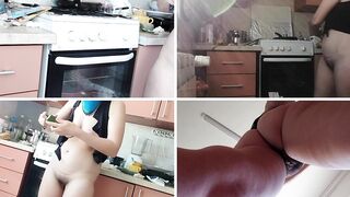 Sexy naked wife prepares food in the kitchen. Brunette's hairy pussy, big ass, big tits.