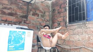 My slutty neighbor in the yard showing her pussy - under her dress