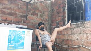 My slutty neighbor in the yard showing her pussy - under her dress