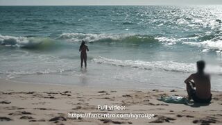 Wife shows her pussy to strangers on the beach. Public exposure.