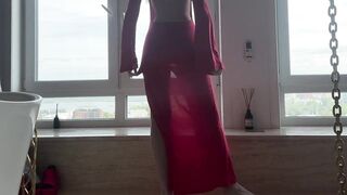 yoga in tight transparent red dress