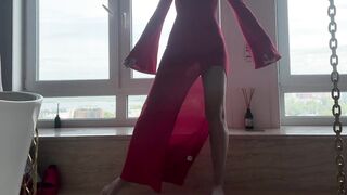 yoga in tight transparent red dress