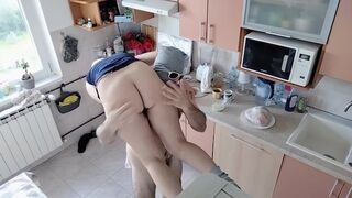 Amateur couple having fun in the kitchen. Amateur wife with hairy pussy, big tits, big nipples, big