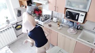 Amateur couple having fun in the kitchen. Amateur wife with hairy pussy, big tits, big nipples, big