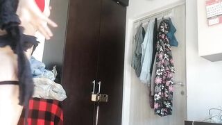 Sexy wife has fun testing clothes and cutting them off. Brunette dances naked around the house.