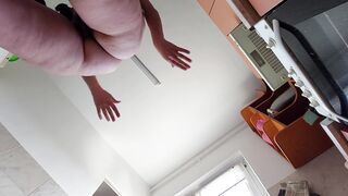 Amateur wife prepares breakfast naked. Hairy milf pussy, big tits, big ass.